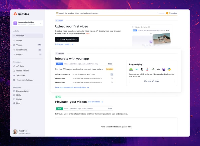 📼 api.video dashboard overview screen