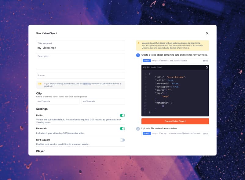 📼 api.video dashboard video creation screen