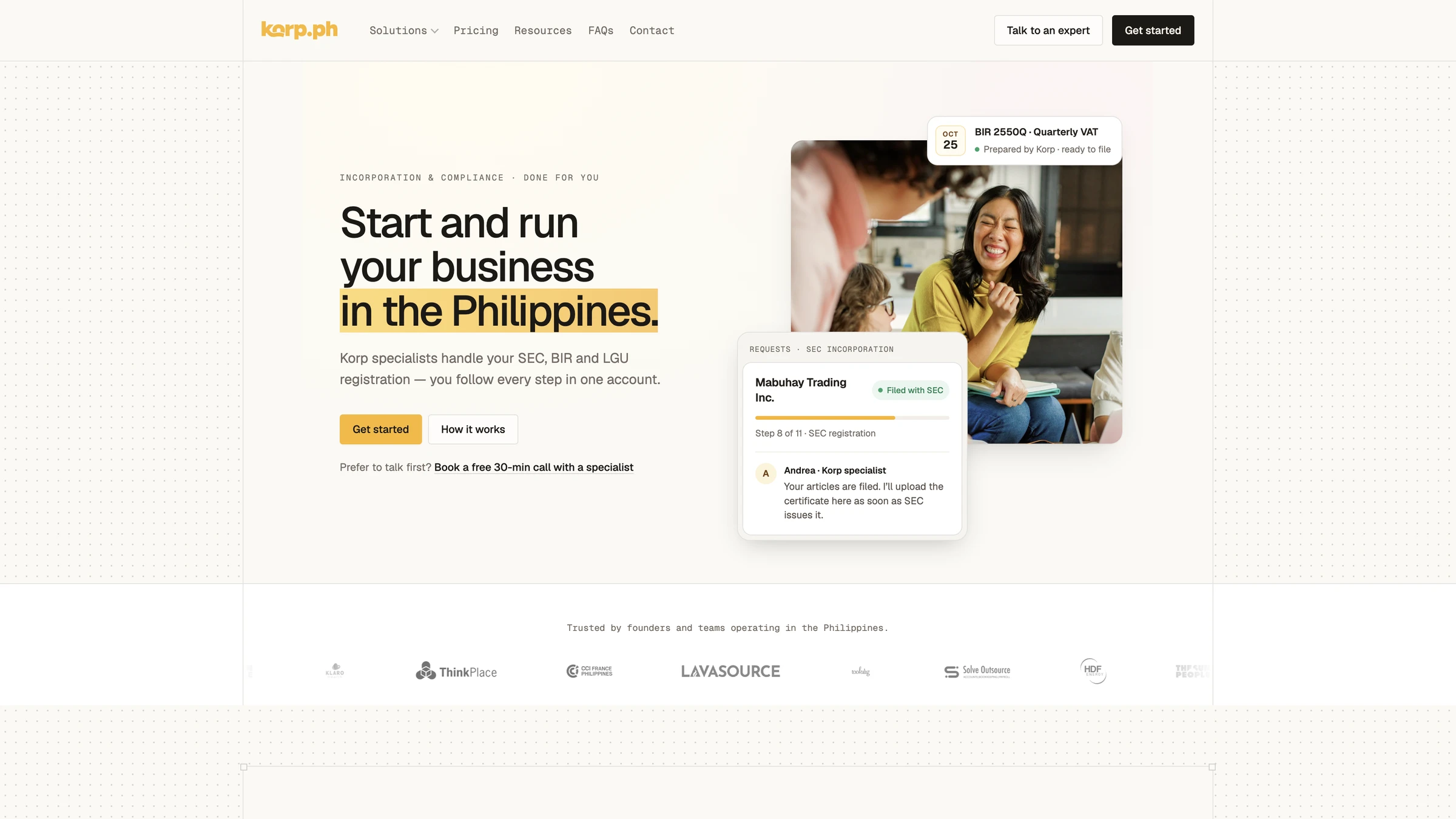Korp homepage hero — Start and run your business in the Philippines