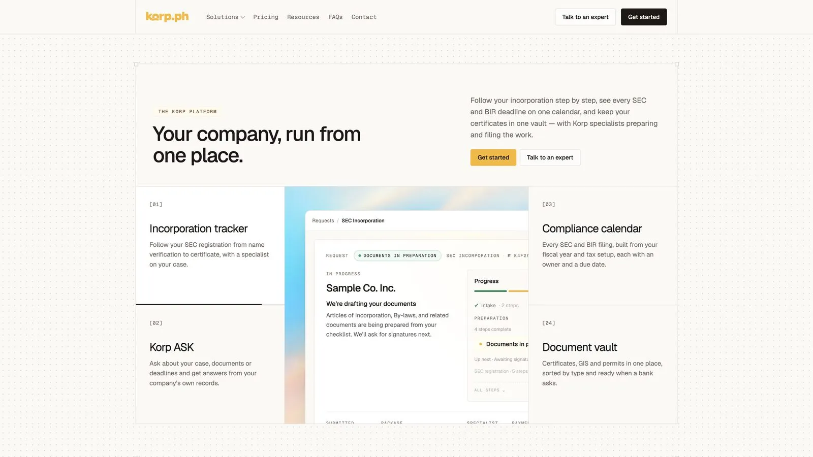 Korp platform section with incorporation tracker preview